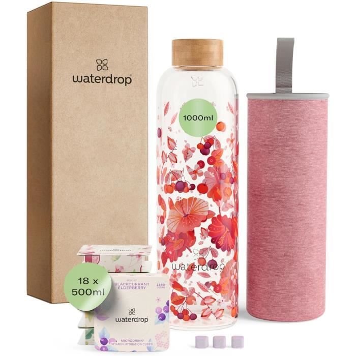 Kit Waterdrop - Bouteille Verre 1L + 18 Cubes Boisson Vitaminés - Saveurs Fruits - Sans Sucre