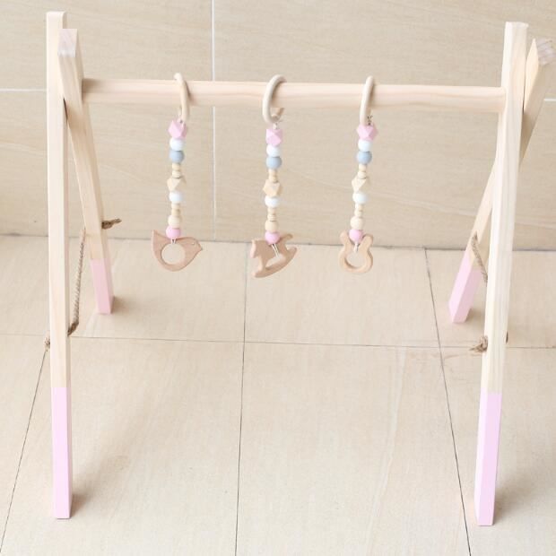 Portique D'éveil En Bois Pour Bébé 0-12 Mois - Pliable - Avec 3 Jouets Suspendus - Dimensions 45x37,5x47,5 Cm - 6