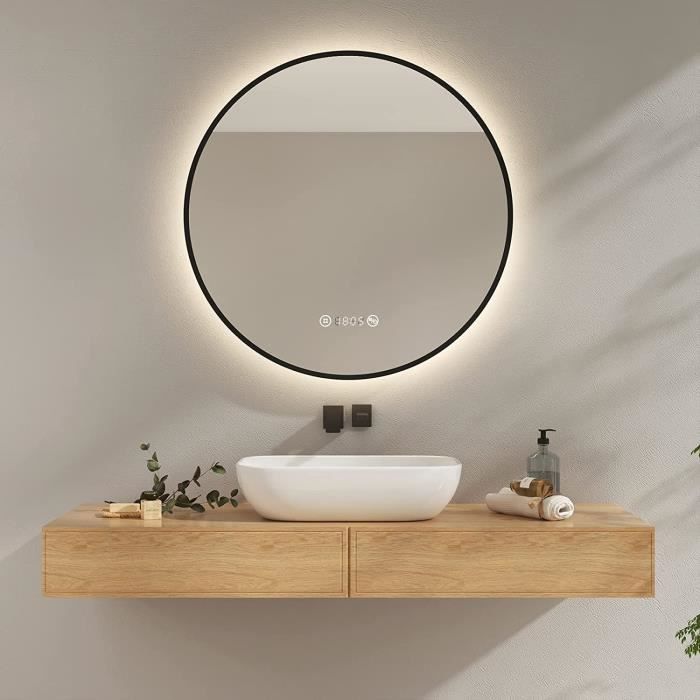 Miroir de Salle de Bain Rond avec eclairage, Diamètre 80 cm, Miroir de Salle de Bain Ca e Noire