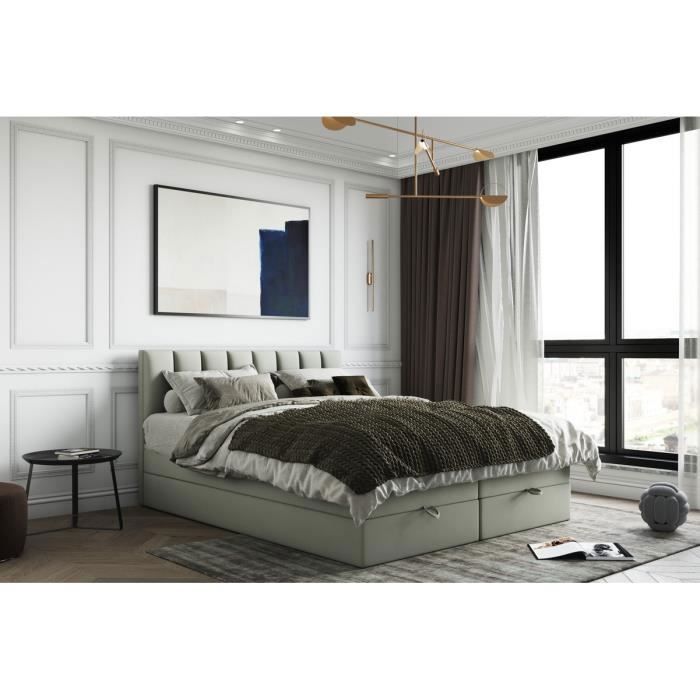 Lit adulte 140x200 cm GUSTO avec rangement et matelas ressorts ensachés - tissu velours - gris clair