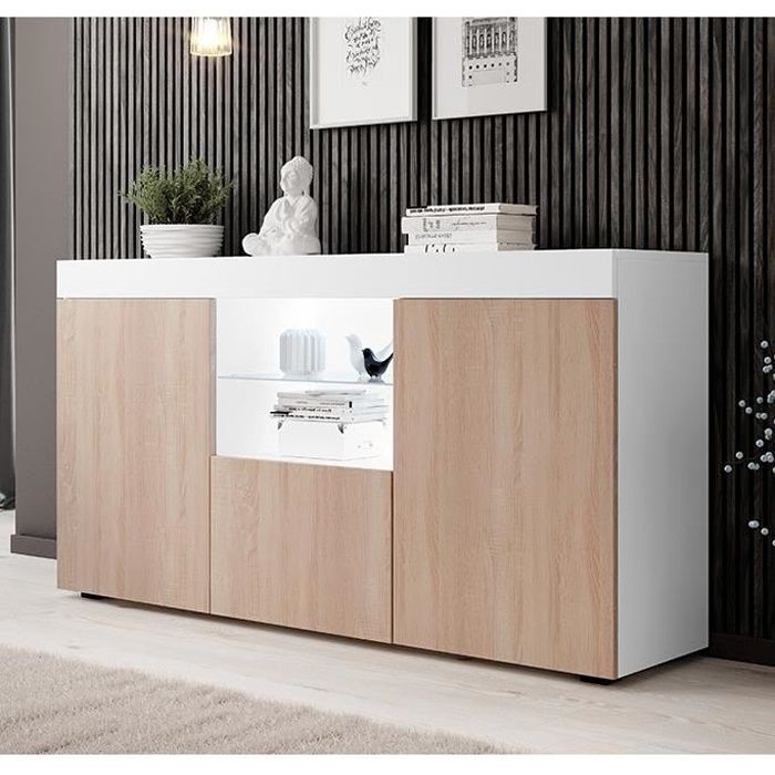 Buffet Bahut 3 portes avec LED 150 x 83 x 40 cm Couleur Sonoma et Blanc mate Meuble de rangement Modèle NATOLIA