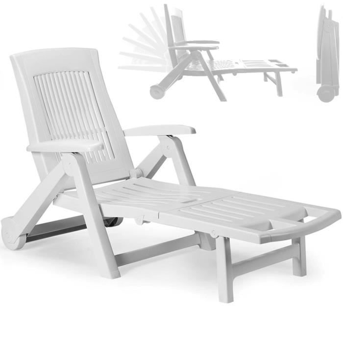 chaise longue zircone pliable blanc plastique pvc dossier réglable 5 positions 2 roues bain de soleil jardin terrasse extérieur