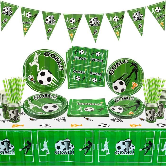 Kit Anniversaire Football Pour 20 Personnes – Drapeau, Assiettes, Serviettes, Gobelets, Nappe Et Pailles Thème Foot Garçon