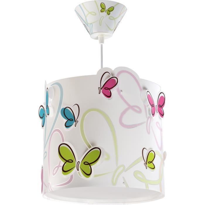 Dalber - Lampe à suspension enfant - Butterfly - Motif papillons colorés, L 26 cm, H 25 cm, Blanc, rose, vert, bleu