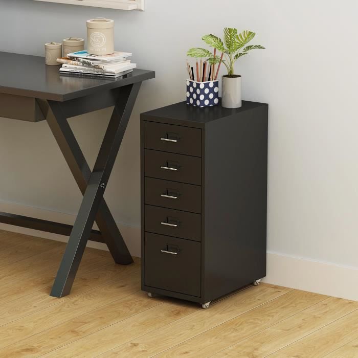 Caisson de bureau Kökar à roulettes avec 5 tiroirs 69 x 28 x 41 cm noir