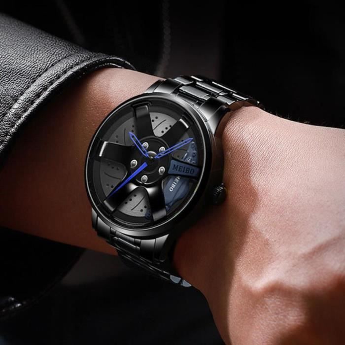 Montre Jante à Rayons Motorsport à Quartz | Montre-bracelet Hommes | Acier Inoxydable | 3D Jante Roue De Voiture