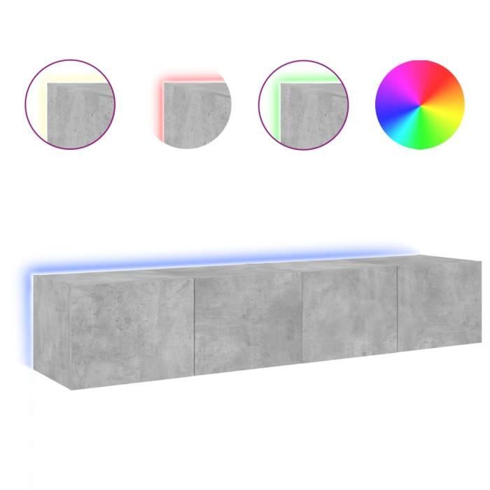 Meuble TV mural - FYDUN - 2pcs - Gris béton - Bois dingénierie - Lumières LED RVB
