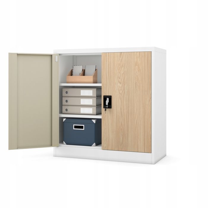 Petit Armoire de Bureau Metallique revêtement en Poudre Portes battantes verrouillable 925 cm x 90 cm x 40 cm Blanc/Imitation Bois