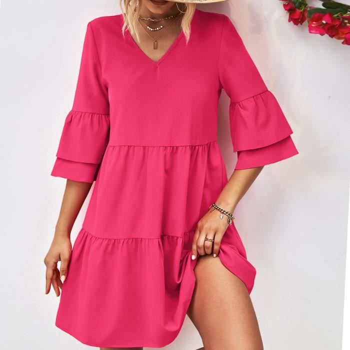 Robe en dentelle taille haute dcontracte plisse  col en V pour ...