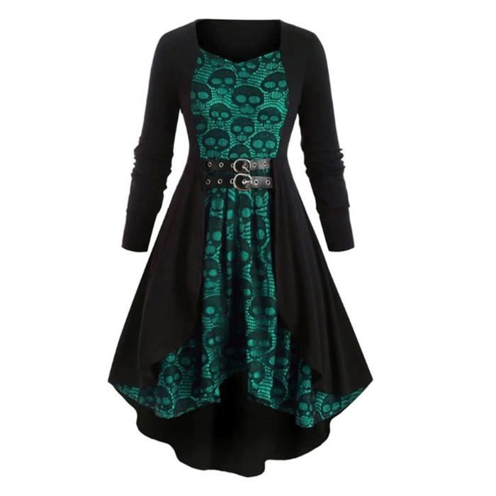 Costume Halloween Femme – Robe Col V Manches Longues – Imprimé Crâne Et Fleurs – Avec Ceinture – Pour Fête, Festival, Carnaval