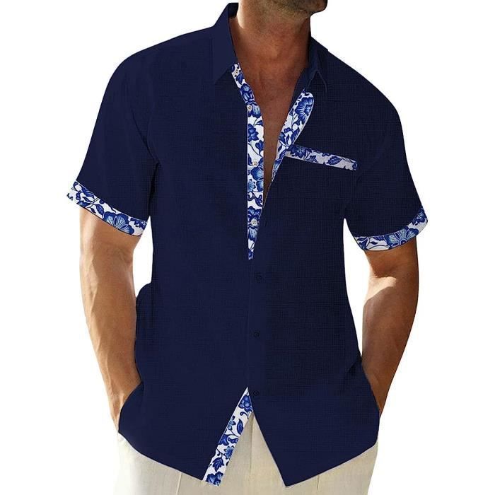 chemise - chemisette chemise homme à manche courte coton lin avec poche poitrine chemise décontractée classique marine