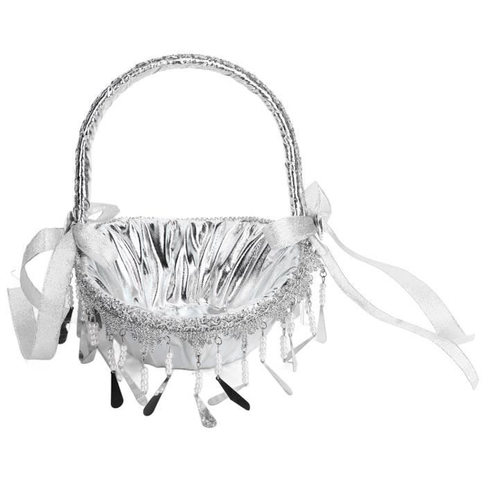 Panier De Fleurs De Mariage Blanc En Satin Avec Nœud Et Poignée Perle - 13x22cm