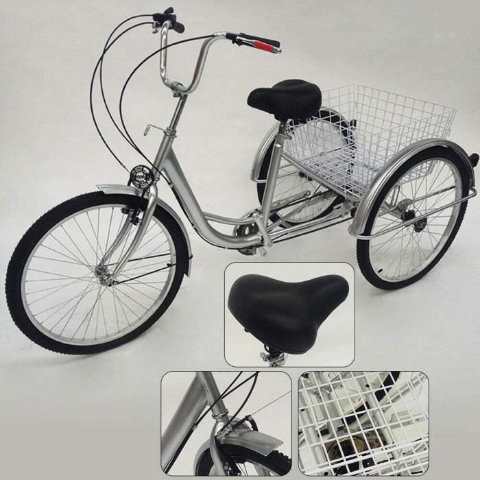 Argent Tricycle pour adulte de 24 pouces - 6 vitesses - Tricycle pour adulte avec panier et lumière