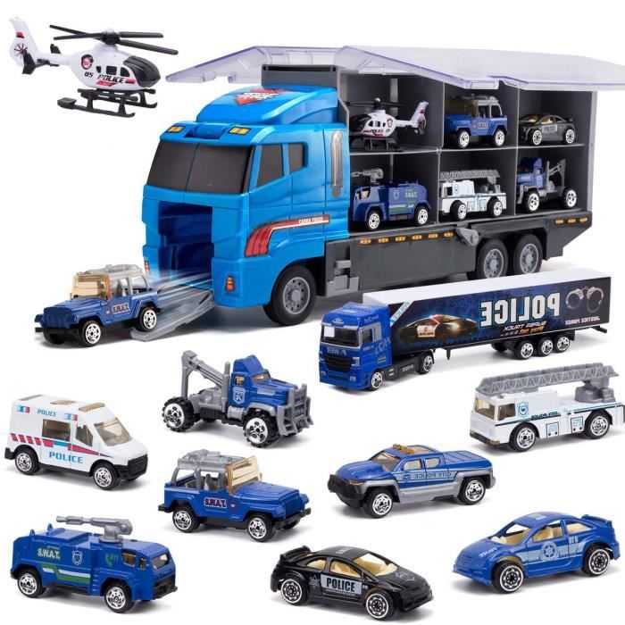 Womdee Jouet de Camion de Transporteur Transporteur de Voiture avec 10 Mini Voitures et 2 hélicoptères en Métal Colorées pour des Garçons et des Filles 