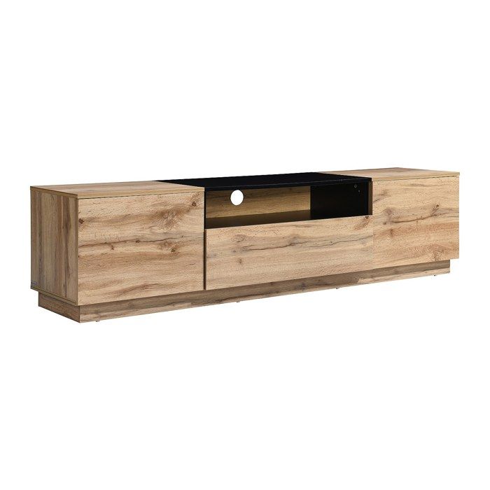 Meuble TV avec 2 portes 1 tiroir et 1 niche - Naturel clair et Noir - CEMILINA