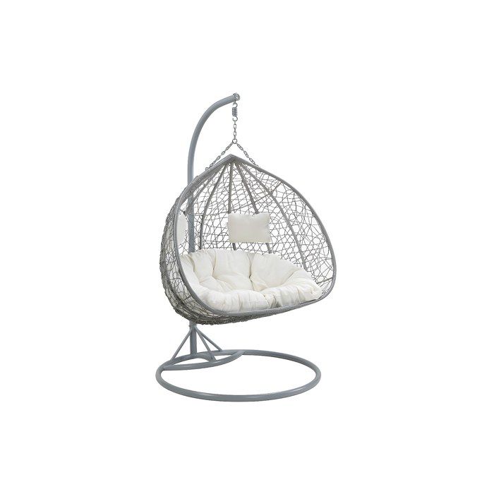 Fauteuil suspendu 2 places en résine tressée - Gris avec coussins blancs - CAYAMBE de MYLIA Fauteuil suspendu 2 places en résine tressée - Gris avec coussins blancs - CAYAMBE de MYLIA
