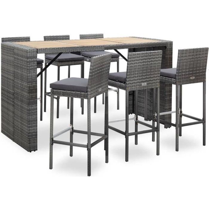 VidaXL Ensemble de bar de jardin 7 pcs et coussins Résine tressée Gris