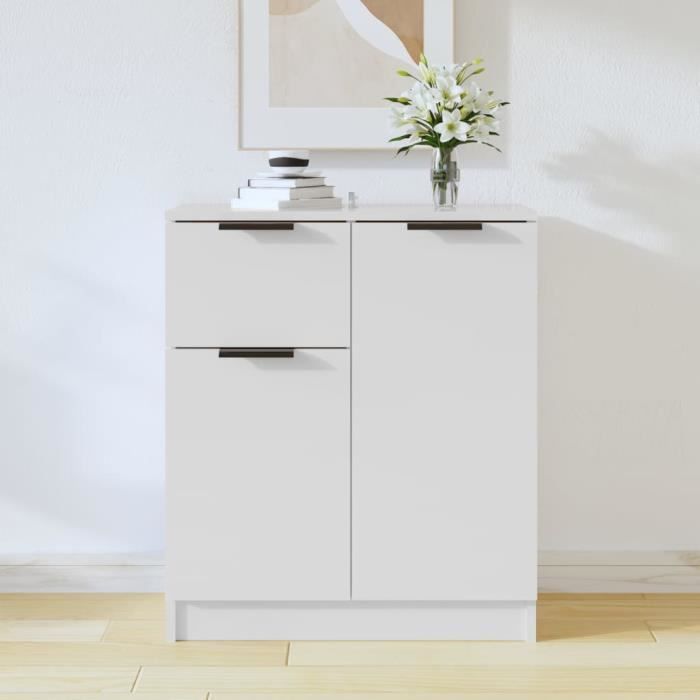 Buffet Bas - Blanc - 60x30x70 cm - Bois dingénierie - 4 portes - Style Scandinave