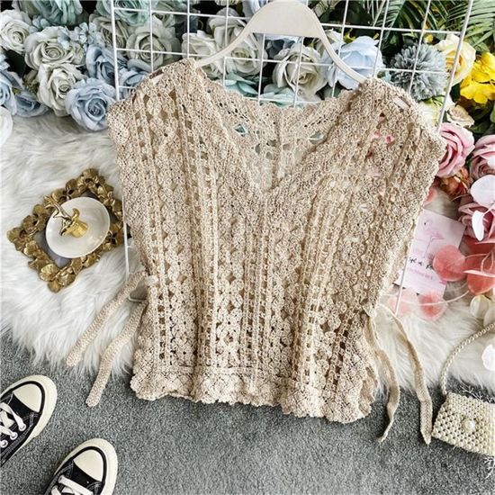 Gilet Crop Top en Crochet pour Femme Style Boheme Tricot de Plage Chemise a Lacets Printemps Ete apricot B62 Cdiscount Pret a Porter