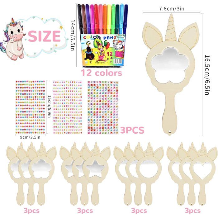 Kit Bricolage Miroir Licorne En Bois – 12 Pièces, 4 Formes, Autocollants Diamant Et Feutres Aquarelle – Activité Manuelle Créative – Cadeau Enfant