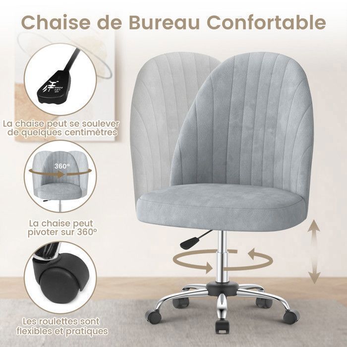 Chaise De Bureau En Velours Gris BAKAJI - Fauteuil Pivotant Rembourré Avec Roulettes - Hauteur Ajustable 95-105 Cm