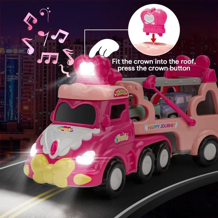 Camion Porte-Voitures 5 En 1 Pour Enfant – 2-4 Ans, Sons Et Lumières, Avec 4 Mini-Voitures, Cadeau Noël