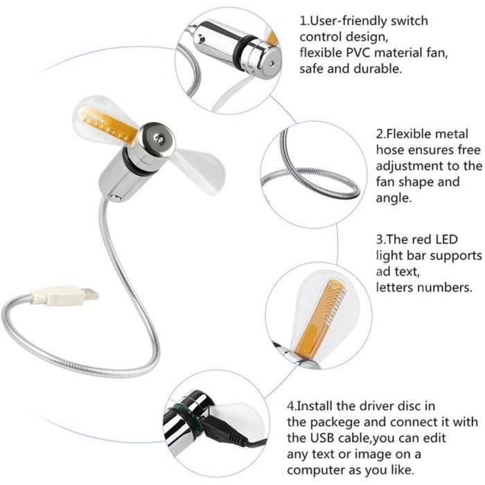 Ventilateur USB Horloge LED - Col Flexible Type Cygne - Pales En Silicone Souple - Gadget Bureau Fun Et Pratique