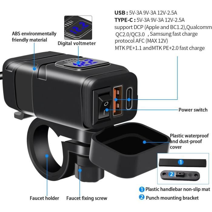 Chargeur USB QC3.0 Double Port étanche 12V/24V Pour Voiture Moto - Prise Allume-cigare Bleu