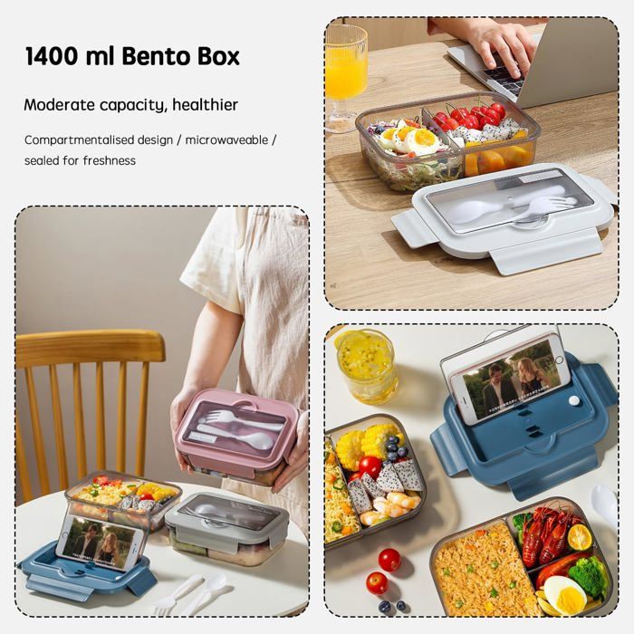 Boite A Lunch Boîte Bento BRYN 1400ml - 3 Compartiments, Micro-ondable, Anti -fuite, Avec Couverts BRYN Repas Compartiments