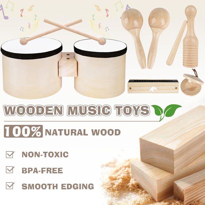 Lot De 7 Instruments De Musique Montessori En Bois – Xylophone, Maracas, Castagnettes – Dès 2 Ans – Cadeau éducatif Percussion