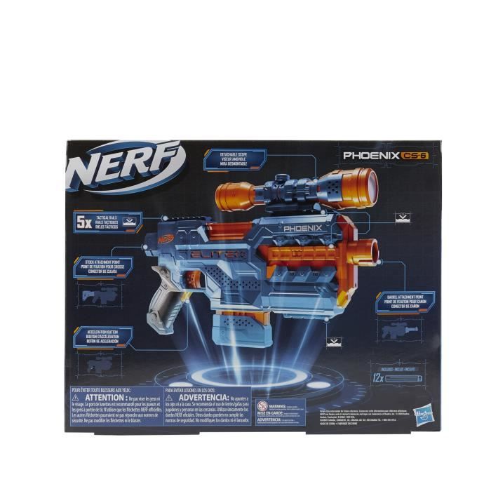Nerf Elite 2.0, Blaster motorisé Phoenix CS-6, 12 fléchettes Nerf, viseur, Rails Tactiques, Points de Fixation, & Basics Piles Rechargeables AA, pré-chargées - Lot de 4