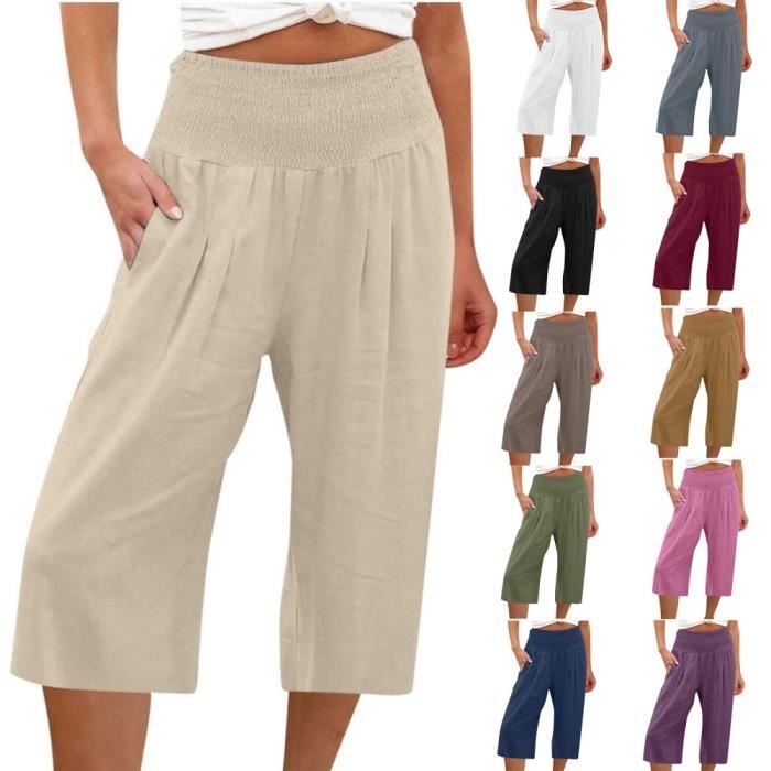 Solde Pantalon Fluide Femme Été Lin 3/4 Pantacourt De Travail Léger Yoga Et Pilates Pantalons Grande Taille Vetement Décontracté Elastique Avec Poches Ample Jogging à Cordon De Serrage Pants Pas Cher