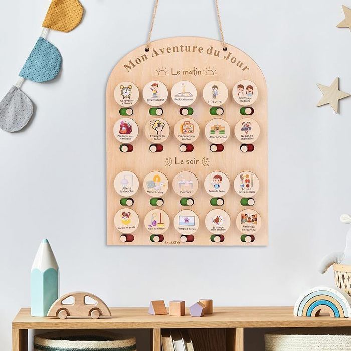 Tableau Routine Enfant Montessori En Bois – Matin Et Soir – Avec 8 Smileys – Autonomie Et Organisation