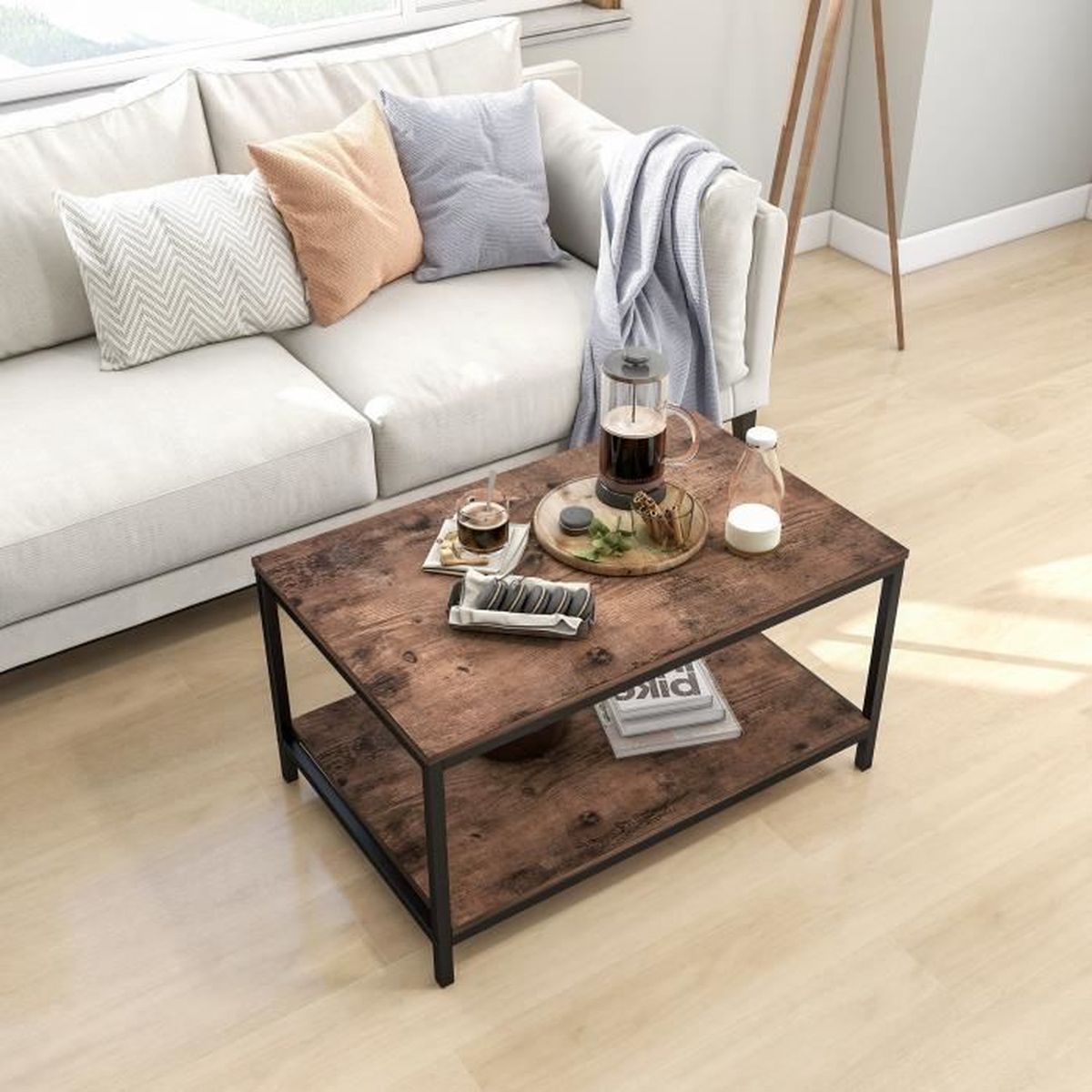 Table Basse Style industrielStructure et Étagère de Rangement en acier