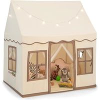 COSTWAY Tente pour 4 Enfants, Cabane de Jeu avec Guirlandes Lumineuses Étoiles, Tapis en Velours Corail Lavable Beige