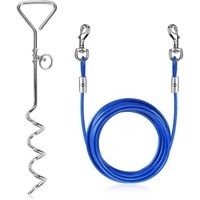 Câble d'attache pour chien de 16 pieds avec piquet de sol en spirale de 15 "pour chien jusqu'à 120 lb pour jouer (bleu)