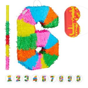 Piñata 3 tlg. Pinata Set Geburtstag, Zahl 6, Pinatastab mit Augenmaske, Kinder & Erwachsene, Piñata zum selbst Befüllen, bunt
