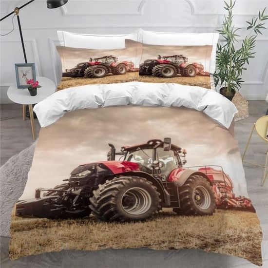 Housse de Couette Tracteur Rouge 3D Motif 3 pièces Parure de Lit Enfant