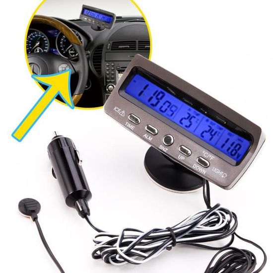Voltmètre Thermomètre Numérique 2 En 1 Pour Voiture - LCD, Horloge, Température Intérieure/Extérieure & Alarme Tension Batterie