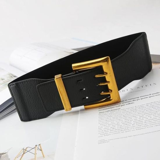 Ceinture Femme élastique Noire Avec Boucle Dorée Vintage - Taille Unique Large