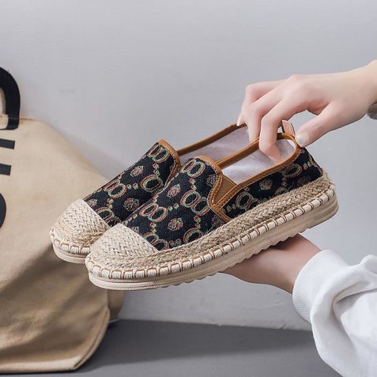 Espadrille Femme en Toile A ration Imprim Noir Textile Adulte