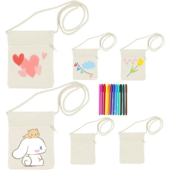 Buaak Lot De 10 Sacs En Toile à Peindre Avec Corde + 6 Stylos - DIY Personnalisable - Beige 17x13cm
