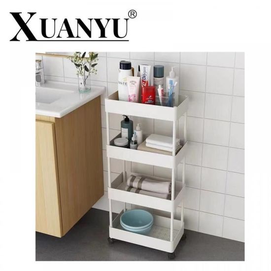 Chariot De Rangement Cuisine 4 Niveaux - 85 X 35 X 13 Cm, Plastique Robuste Avec Roulettes, Blanc