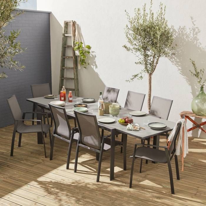Salon de jardin table extensible - Washington Gris foncé - Table en aluminium 200/300cm, plateau en verre dépoli, rallonge et 8