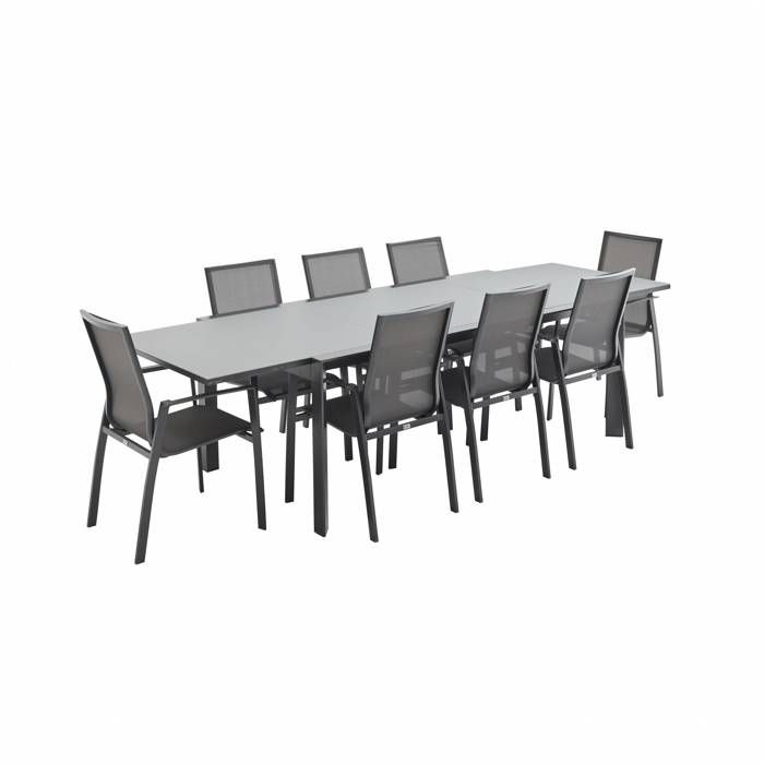 Salon de jardin table extensible - Washington Gris foncé - Table en aluminium 200/300cm, plateau en verre dépoli, rallonge et 8