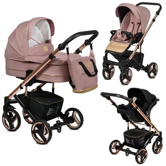 Poussette Trio 3 en 1 Neri RoseGold Rose poudré – Landau, poussette promenade, siège auto Groupe 0+ - Avec ses accessoires.