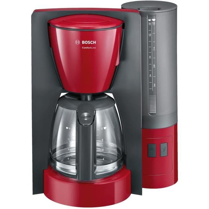 Bosch TKA6A044 Machine à Café Comfort Line, Verseuse en Verre 1200 W, 1,25 L, Rouge/Anthracite