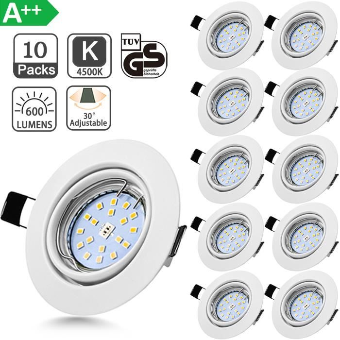 Bojim Spots LED Encastrables Ronds, 10 x 6W GU10 Blanc Neutre 4500K 600lm Eqv.54W, Lampe de Plafond Blanc Mat 30°Orientable IP20