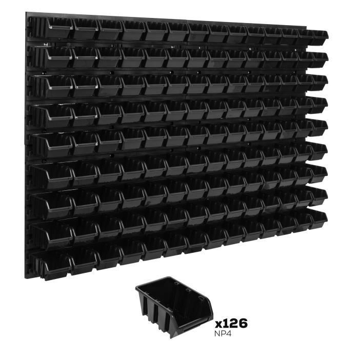 Système de rangement 115 x 78 cm a suspendre 126 boites bacs a bec XS noir boites de rangement