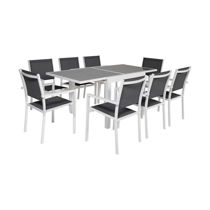 Salon de jardin LAMPEDUSA extensible en textilène gris 8 places - aluminium blanc Blanc